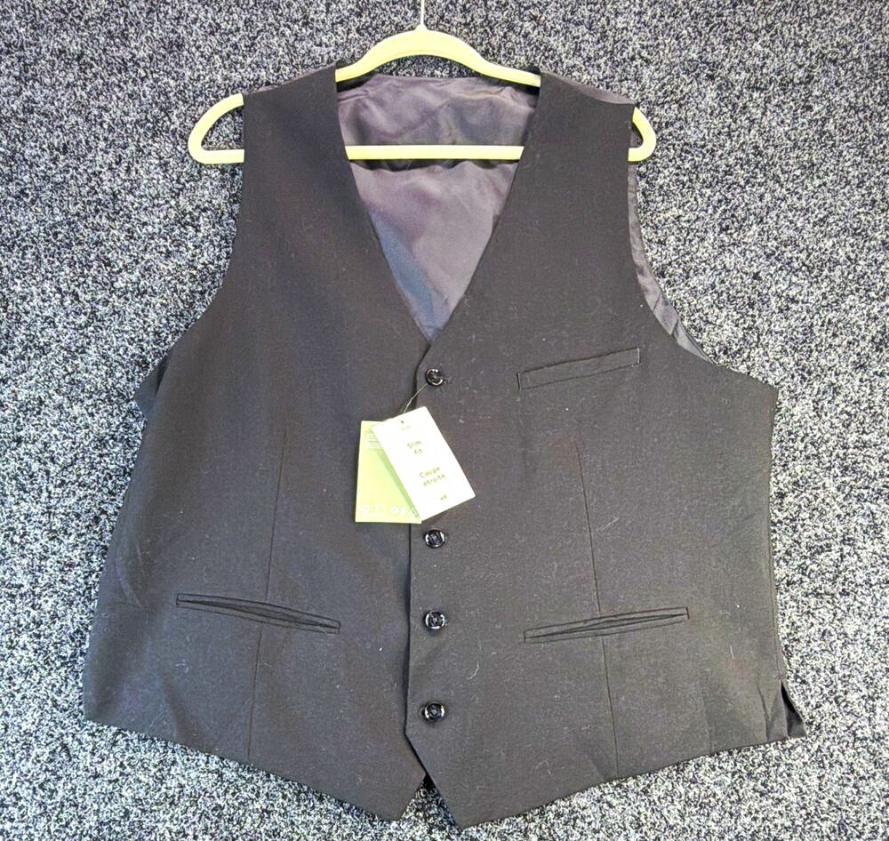 H&M Men's Slim Fit Formal Vest Black 50R Solid Satin Recycled Polyester